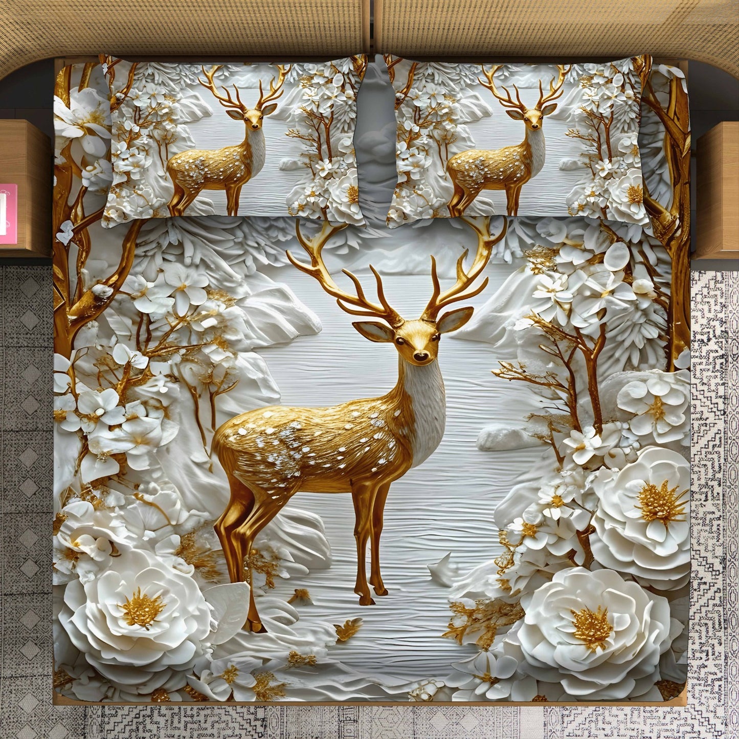 Golden Deer and Floral Elegance 3D Textured Bed Set"