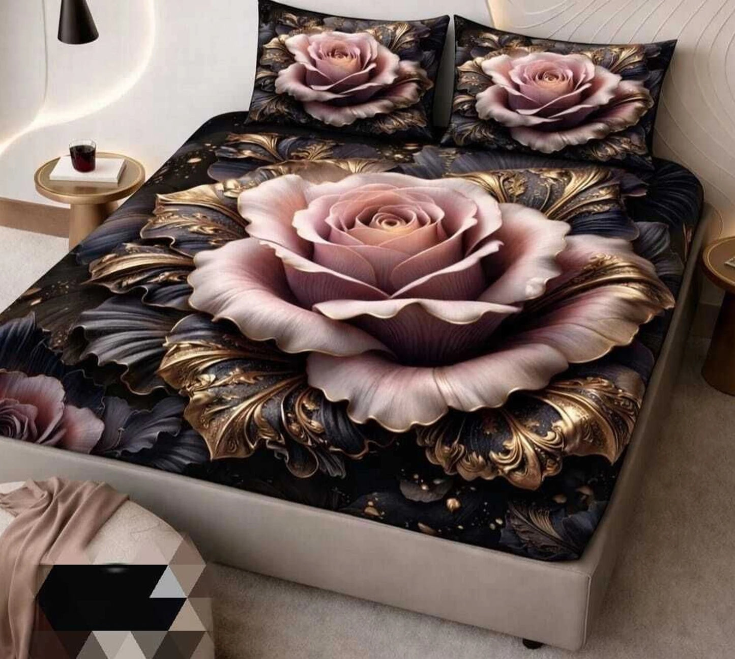 Luxury 7D Rose Printed Fitted (Elastic) Bedsheet with Pillow Covers (90×100 Inch)
