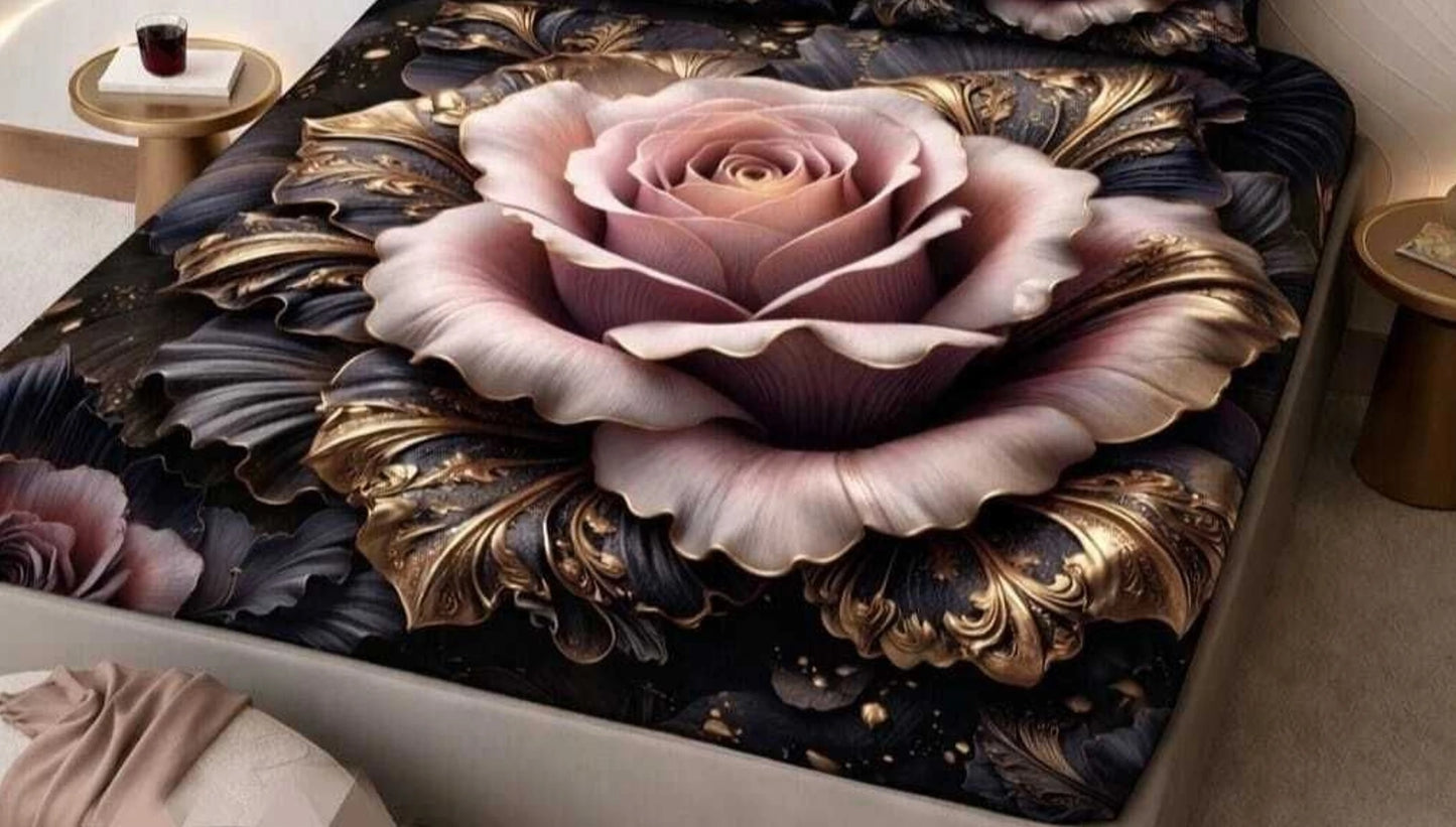 Luxury 7D Rose Printed Fitted (Elastic) Bedsheet with Pillow Covers (90×100 Inch)