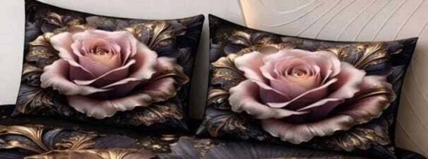Luxury 7D Rose Printed Fitted (Elastic) Bedsheet with Pillow Covers (90×100 Inch)