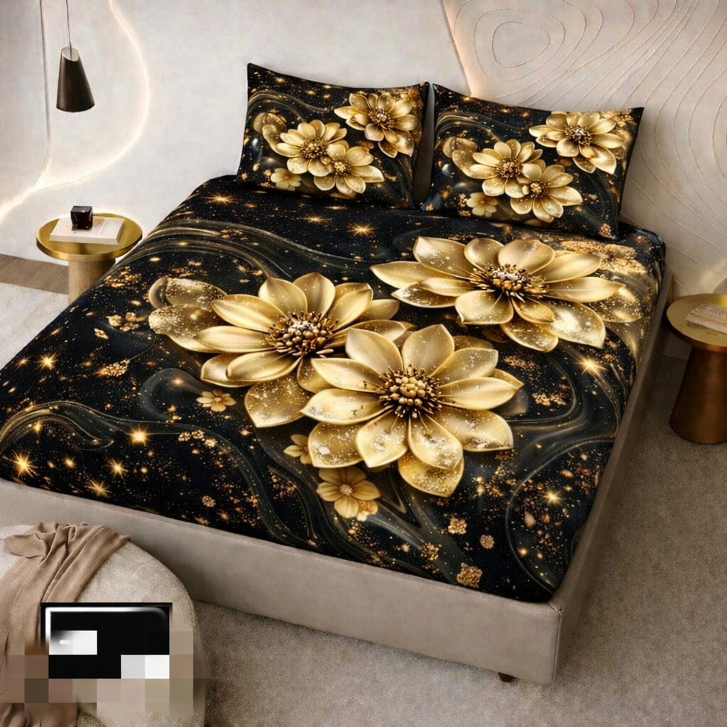 Luxury 7D Golden Floral Fitted (Elastic) Bedsheet with Pillow Covers (90×100 Inch)