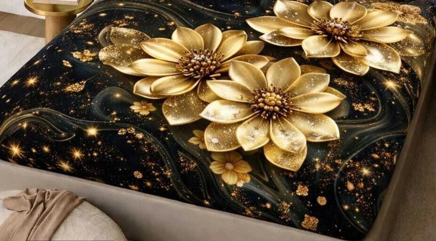 Luxury 7D Golden Floral Fitted (Elastic) Bedsheet with Pillow Covers (90×100 Inch)