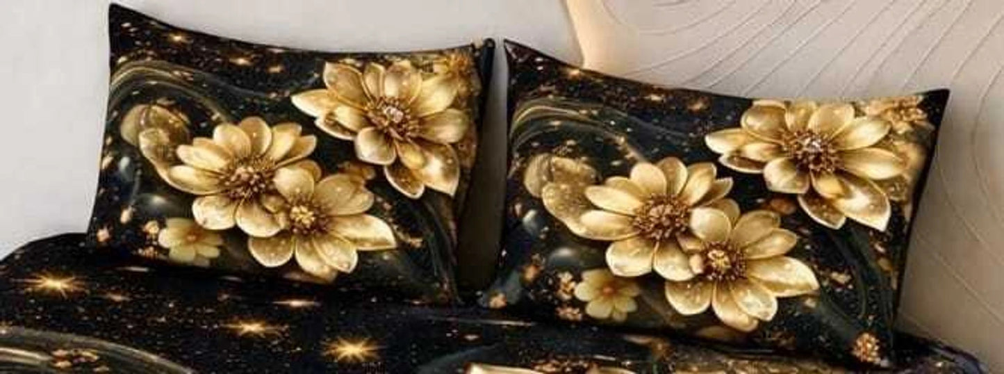 Luxury 7D Golden Floral Fitted (Elastic) Bedsheet with Pillow Covers (90×100 Inch)