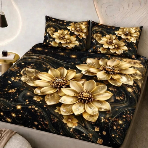 Luxury 7D Golden Floral Fitted (Elastic) Bedsheet with Pillow Covers (90×100 Inch)_1