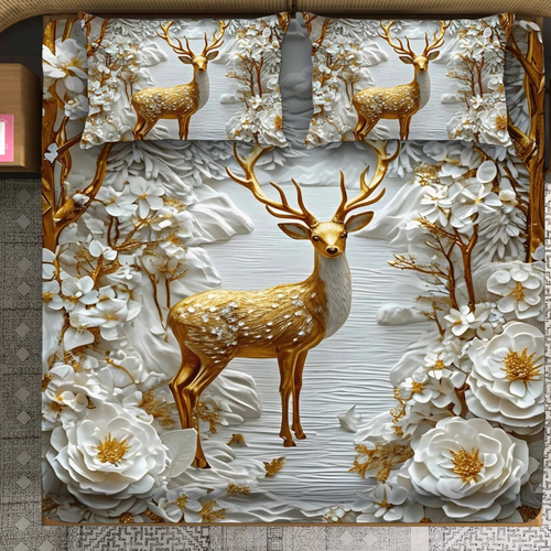 Golden Deer and Floral Elegance 7D Textured Bed Set_1