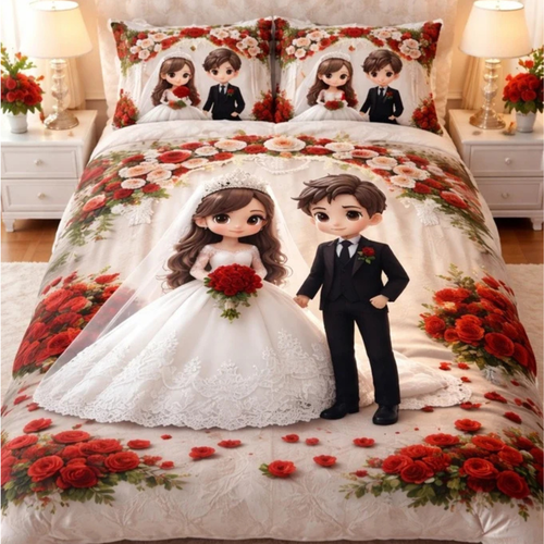 7D Glace Cotton Bedsheet Flat with 2 Pillow Covers | Wedding Couple Design | Premium Soft Fabric | 90x100 Inch Single Size Bedsheet_1