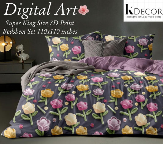 Super King Size 7D Digital Print Bedsheet Set with Pillow Covers – 110x110 Inches – Premium Floral Design