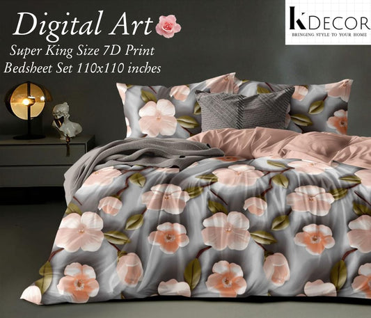 Super King Size 7D Digital Print Bedsheet Set with Pillow Covers – 110x110 Inches – Premium Floral Design