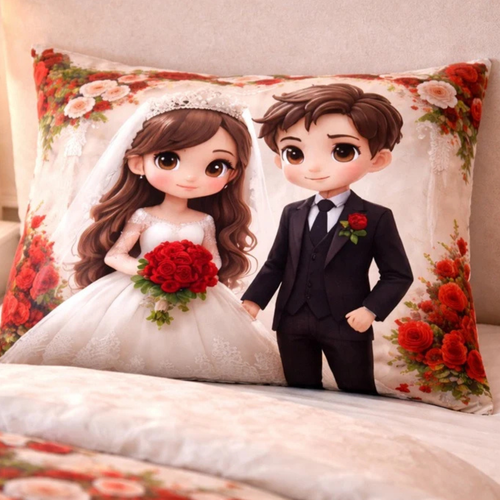 7D Glace Cotton Bedsheet Flat with 2 Pillow Covers | Wedding Couple Design | Premium Soft Fabric | 90x100 Inch Single Size Bedsheet_2