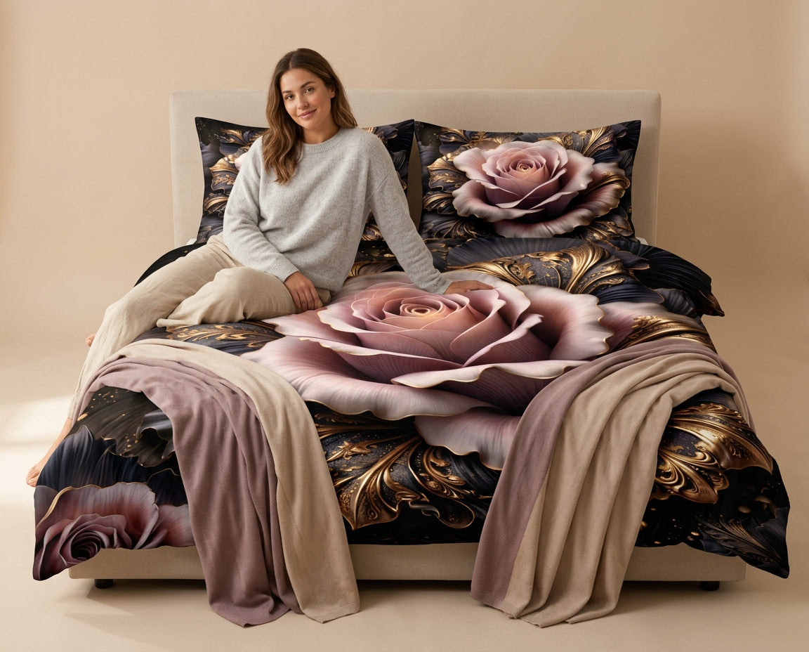 Luxury 7D Rose Printed Fitted (Elastic) Bedsheet with Pillow Covers (90×100 Inch)