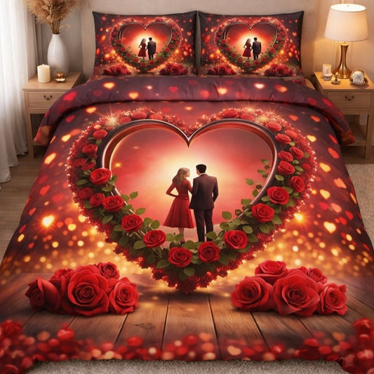 7D Glace Cotton Bedsheet Flat with 2 Pillow Covers | Romantic Couple Heart Design | Premium Soft Fabric | 90x100 Inch Single Size Bedsheet