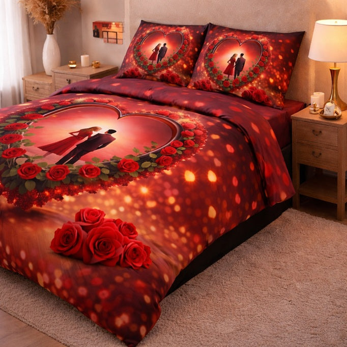 7D Glace Cotton Bedsheet Flat with 2 Pillow Covers | Romantic Couple Heart Design | Premium Soft Fabric | 90x100 Inch Single Size Bedsheet