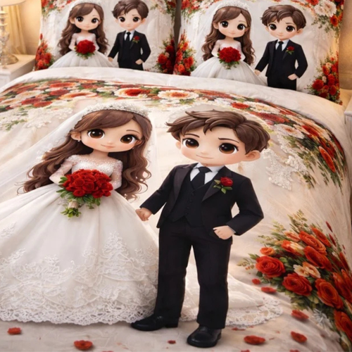 7D Glace Cotton Bedsheet Flat with 2 Pillow Covers | Wedding Couple Design | Premium Soft Fabric | 90x100 Inch Single Size Bedsheet_3